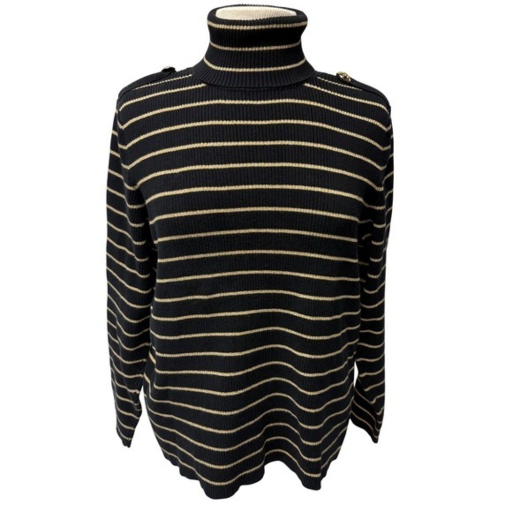 Lauren Ralph Lauren Womens XL Black Gold Metallic Striped Turtleneck Sweater
